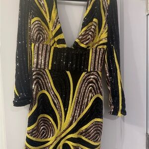 Sequin V-Neck Dress - Black, Gold, and Brown